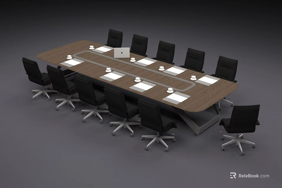 Modern Long Wooden Conference Table With Black Office Chairs Laptop And Documents On Top 3d model 