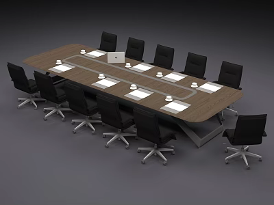 Modern Long Wooden Conference Table With Black Office Chairs Laptop And Documents On Top 3d model