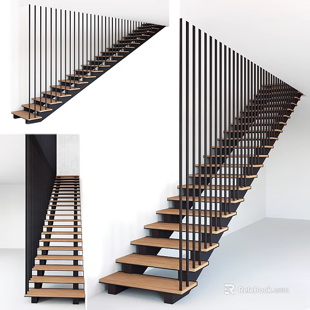 Modern Interior Staircase Design With Wooden Steps And Black Metal Railings Against White Wall 3d model 