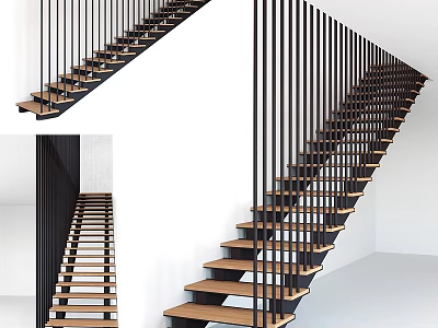 Modern Interior Staircase Design With Wooden Steps And Black Metal Railings Against White Wall 3d model