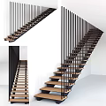 Modern Interior Staircase Design With Wooden Steps And Black Metal Railings Against White Wall