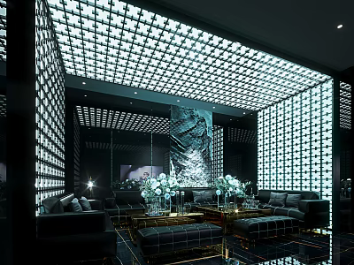 Luxurious Modern KTV Interior With Stunning Lighting Sofas Decorative Paintings And Mirror Walls 3d model