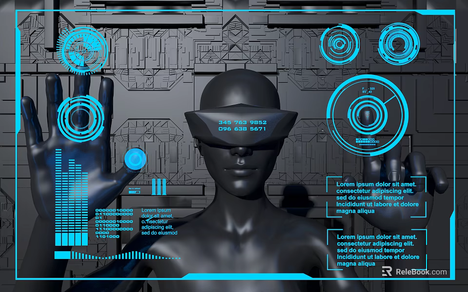 Virtual Reality Holographic Interface With Interactive Touch And Future Tech Elements 3d model 