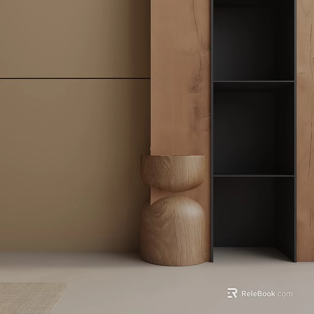 Natural Wooden Side Table With Curved Design Next To Black Shelf And Brown Wall 3d model 