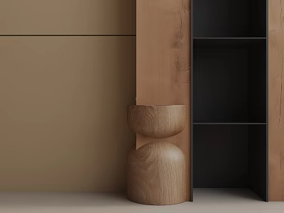 Natural Wooden Side Table With Curved Design Next To Black Shelf And Brown Wall 3d model