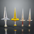 Ornate Daggers With Different Designs Gold White Red Handles And Decorative Patterns