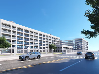 Modern School Building Multi Storey White Exterior With Trees Road And Vehicles Under Blue Sky 3d model