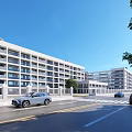 Modern School Building Multi Storey White Exterior With Trees Road And Vehicles Under Blue Sky