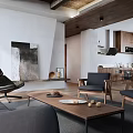 Modern Living and Dining Area Interior With Wooden Furniture Coffee Table Artwork and Open Layout