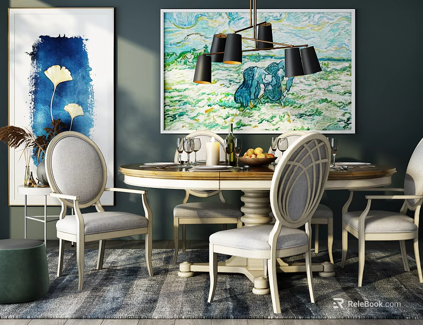 Elegant Round Dining Table Set With Four Upholstered Chairs Hanging Chandelier And Wall Artwork 3d model 