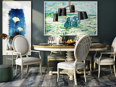 Elegant Round Dining Table Set With Four Upholstered Chairs Hanging Chandelier And Wall Artwork 3d model