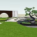 Residential Landscape Design Featuring Green Lawn Circular Patterns Winding Path and Seating Areas 3d model