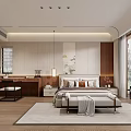 Minimalist Modern Bedroom Interior With Wooden Flooring Large Bed Bench Table Lamps And Bedside Art