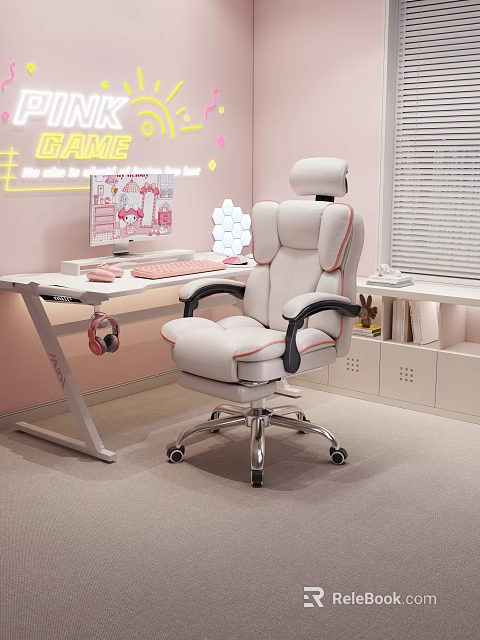 Pink Gaming Computer Setup With White Ergonomic Chair And Desk Accessories 3d model 