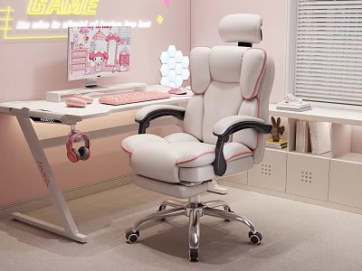 Pink Gaming Computer Setup With White Ergonomic Chair And Desk Accessories 3d model