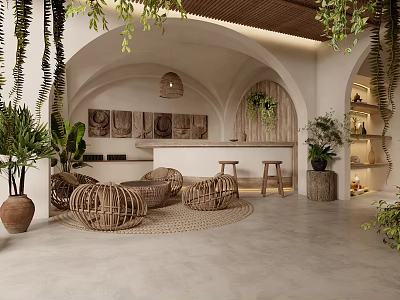 Natural Style Storefront Reception With Hanging Plants Rattan Furniture And Arch Design 3d model