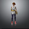 Woman wearing white top purple pants yellow belt wrist guards red sneakers and brown ponytail
