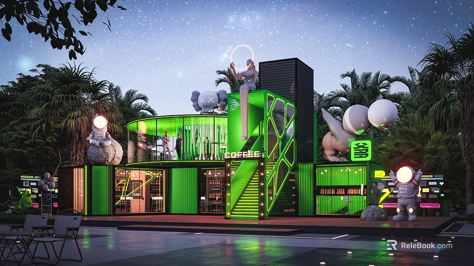 Green Container Building Coffee Shop With Glass Walls And Palm Trees At Night 3d model 