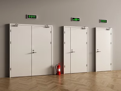 White Double Doors With Exit Signs And Fire Extinguisher On Gray Wall Wooden Floor 3d model