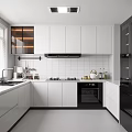 Modern Kitchen Interior Design With White Cabinets Black Appliances And White Tiled Backsplash