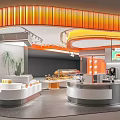 Modern Milk Tea Shop Interior With Curved Orange Yellow Ceiling White Counters Drinks Snacks