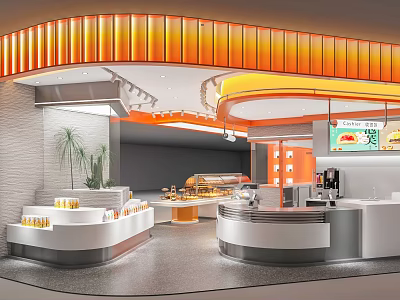 Modern Milk Tea Shop Interior With Curved Orange Yellow Ceiling White Counters Drinks Snacks 3d model