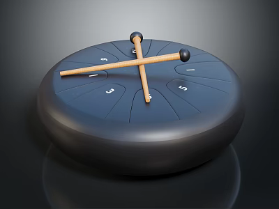 Black Round Musical Handpan With Number Markings And Wooden Mallets 3d model
