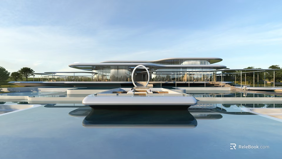 Elegant Modern Sales Office Building With Water Pool Reflection And Circular Glass Curtain Wall 3d model 