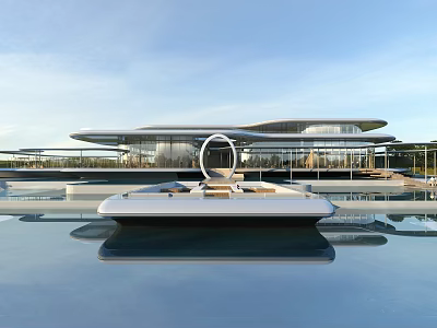 Elegant Modern Sales Office Building With Water Pool Reflection And Circular Glass Curtain Wall 3d model