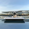 Elegant Modern Sales Office Building With Water Pool Reflection And Circular Glass Curtain Wall
