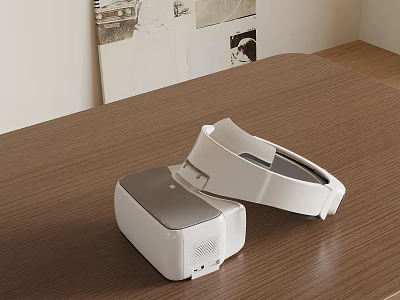 White VR Headset Entertainment Device on Wooden Desk with Charging Case and Wall Art 3d model