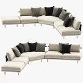 Light Beige Sectional Sofa With Woven Armrests And Black Gray Cushions 3d model