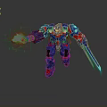 Blue And Red Robot Character Running With Flame And Blue Sword In Motion