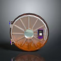 Round Metal Framed Device With Orange Exterior Circular Transparent Panel And Purple Blue Components