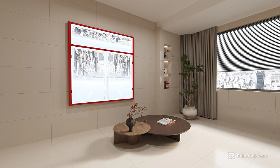 Stylish Round Coffee Table with Books Potted Plant and Red Frame Wall Painting Near Window 3d model 