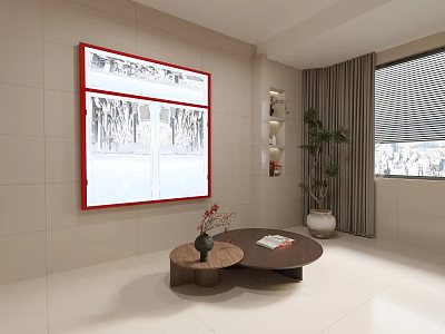 Stylish Round Coffee Table with Books Potted Plant and Red Frame Wall Painting Near Window 3d model