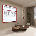 Stylish Round Coffee Table with Books Potted Plant and Red Frame Wall Painting Near Window