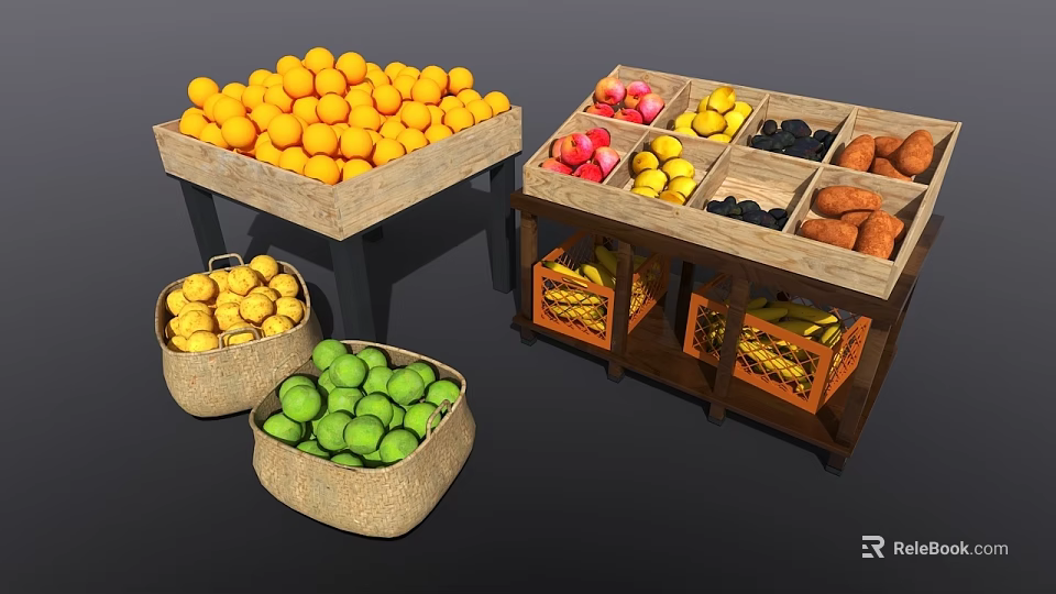 Fresh Assorted Fruits Including Oranges Apples Bananas In Wooden Crates And Baskets 3d model 