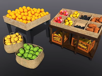 Fresh Assorted Fruits Including Oranges Apples Bananas In Wooden Crates And Baskets 3d model