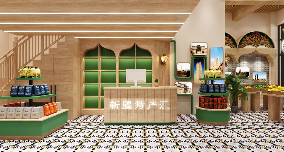 Fruit Store with Xinjiang Specialties Green Shelves Black White Patterned Tiles and Bright Interior 3d model 