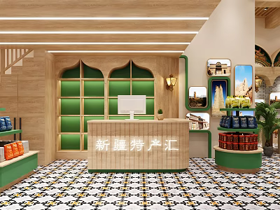 Fruit Store with Xinjiang Specialties Green Shelves Black White Patterned Tiles and Bright Interior 3d model