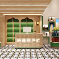 Fruit Store with Xinjiang Specialties Green Shelves Black White Patterned Tiles and Bright Interior