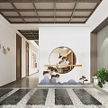 Chinese Teahouse Interior Design With Circular Mirror Rockery Green Plants Stone Mats And Wooden Ceiling