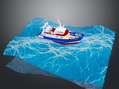 Red White and Blue Wooden Boat Sailing on Blue Waves with Deck and Mast 3d model