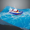 Red White and Blue Wooden Boat Sailing on Blue Waves with Deck and Mast