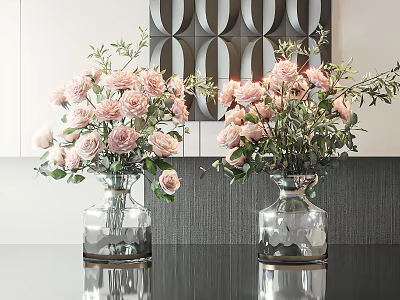 Clear Vases With Pink Roses Green Foliage On Black Tabletop And Geometric Wall Art 3d model