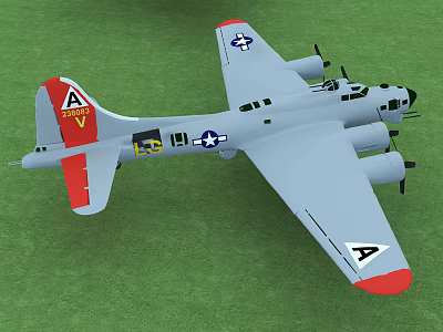 Military Fighter Aircraft With Gray Body Red Wings Star Insignia Four Propellers On Green Grass 3d model
