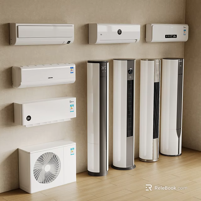 Assorted Air Conditioners and Fans Including Wall Mounted Standing and Tower Models 3d model