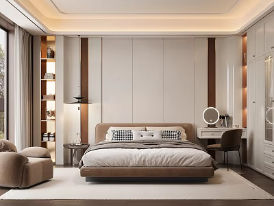 Elegant Modern Bedroom Interior With Double Bed Accent Chair Area Rug And Paneled Wall 3d model