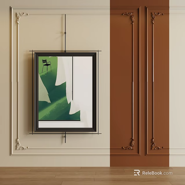 Modern Abstract Painting With Green White Shapes In Black Frame On Beige Brown Wall 3d model 
